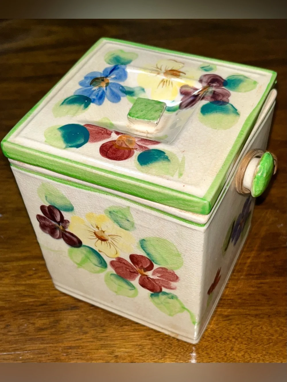 Vintage Mid-Century Hand-Painted Biscuit Jar with Rattan Handle - Made in Japan